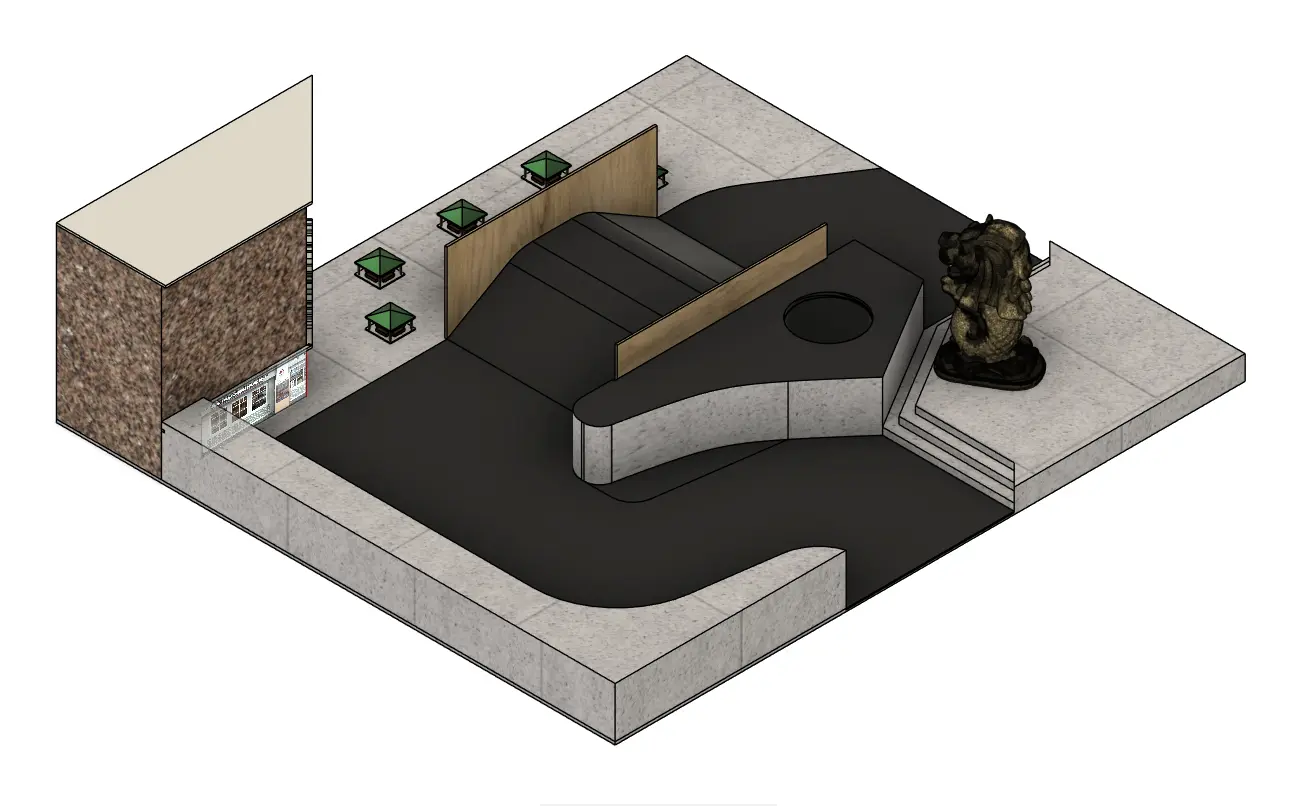 Isometric CAD model of the Merlion Park-inspired LIMO robot arena